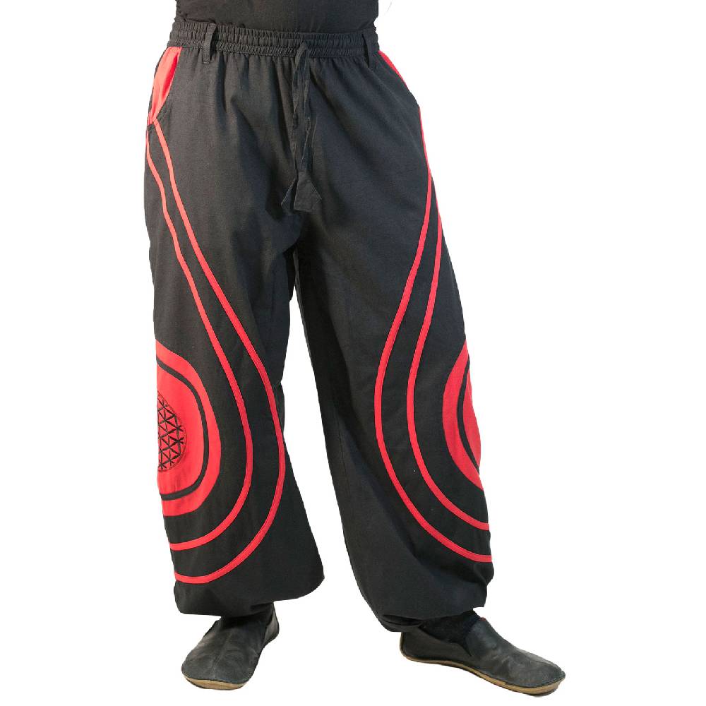 Kunst Und Magie Hose Blume des Lebens Goa Hippiehose Pluderhose mit Kordelzug Gürtelschlaufen Haremshose Flower of Life Letzte 2 Tage