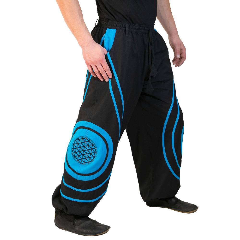 Kunst Und Magie Hose Blume des Lebens Goa Hippiehose Pluderhose mit Kordelzug Gürtelschlaufen Haremshose Flower of Life Letzte 2 Tage