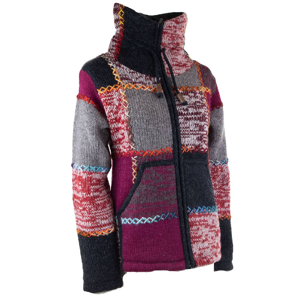 Kunst Und Magie Damen Strickjacke Goa Wolle Bunte Patchwork Winter Jacke mit Fleecefutter und Hochkragen Boho Discount Store für neue Produkte