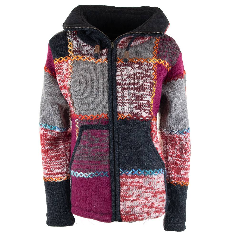 Kunst Und Magie Damen Strickjacke Goa Wolle Bunte Patchwork Winter Jacke mit Fleecefutter und Hochkragen Boho Discount Store für neue Produkte