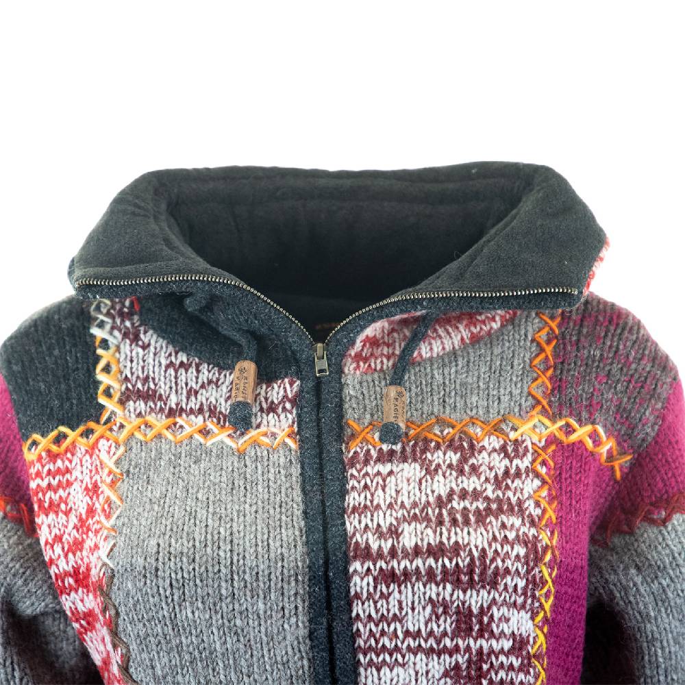 Kunst Und Magie Damen Strickjacke Goa Wolle Bunte Patchwork Winter Jacke mit Fleecefutter und Hochkragen Boho Discount Store für neue Produkte