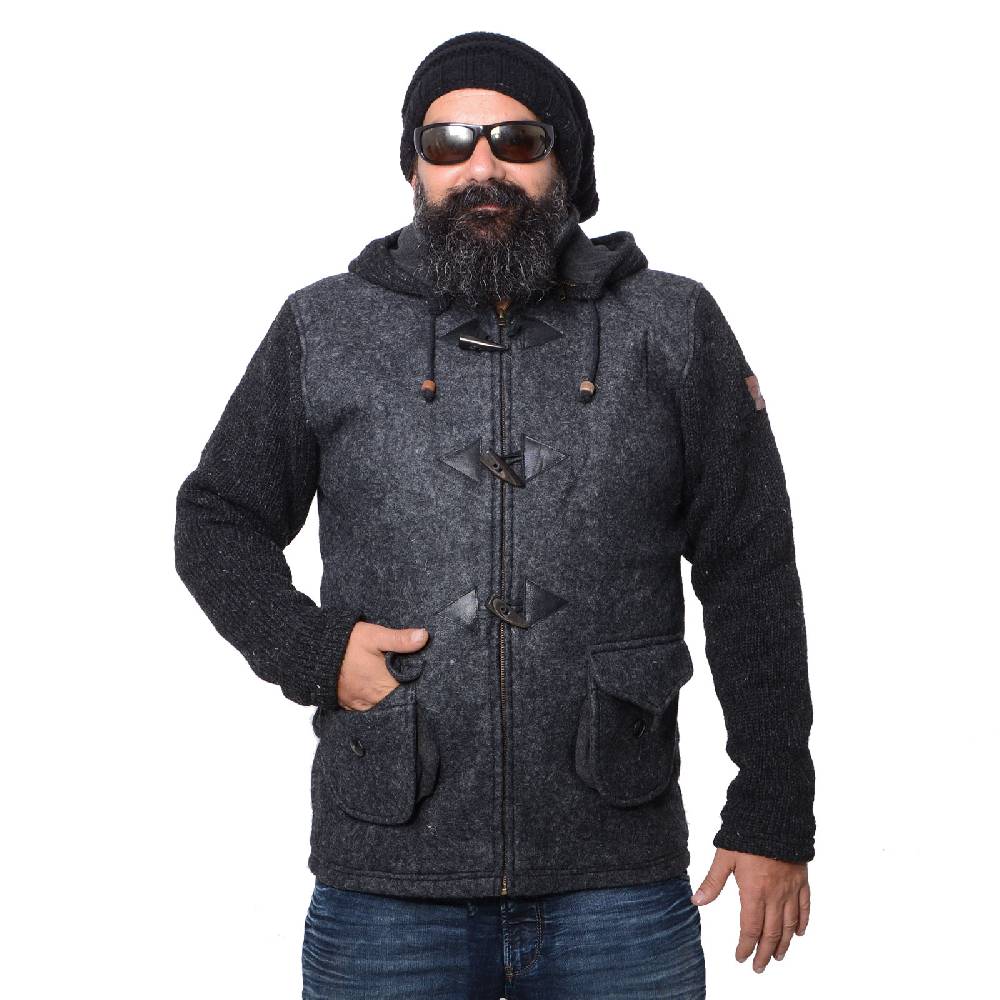 Kunst Und Magie Kunst und Magie Herren Loden Jacke mit gestrickten Ärmeln und abnehmbarer Kapuze Fabrik Onlineshop