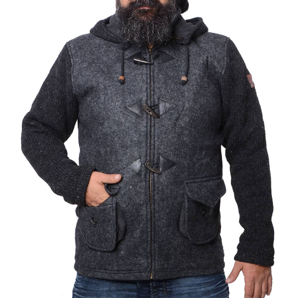 Kunst Und Magie Kunst und Magie Herren Loden Jacke mit gestrickten Ärmeln und abnehmbarer Kapuze Fabrik Onlineshop