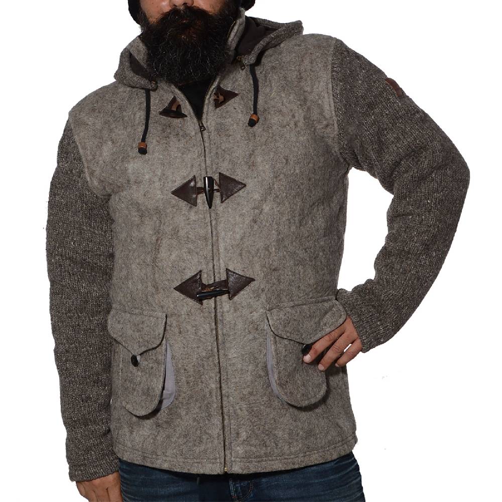 Kunst Und Magie Kunst und Magie Herren Loden Jacke mit gestrickten Ärmeln und abnehmbarer Kapuze Fabrik Onlineshop
