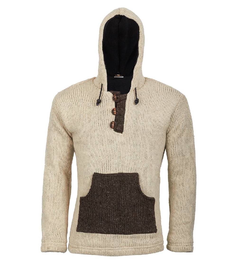 Kunst Und Magie Kunst und Magie Herren Strickpullover Kapuze Wollpullover Nepal Baja Fleecefutter Hoodie Lagerräumung