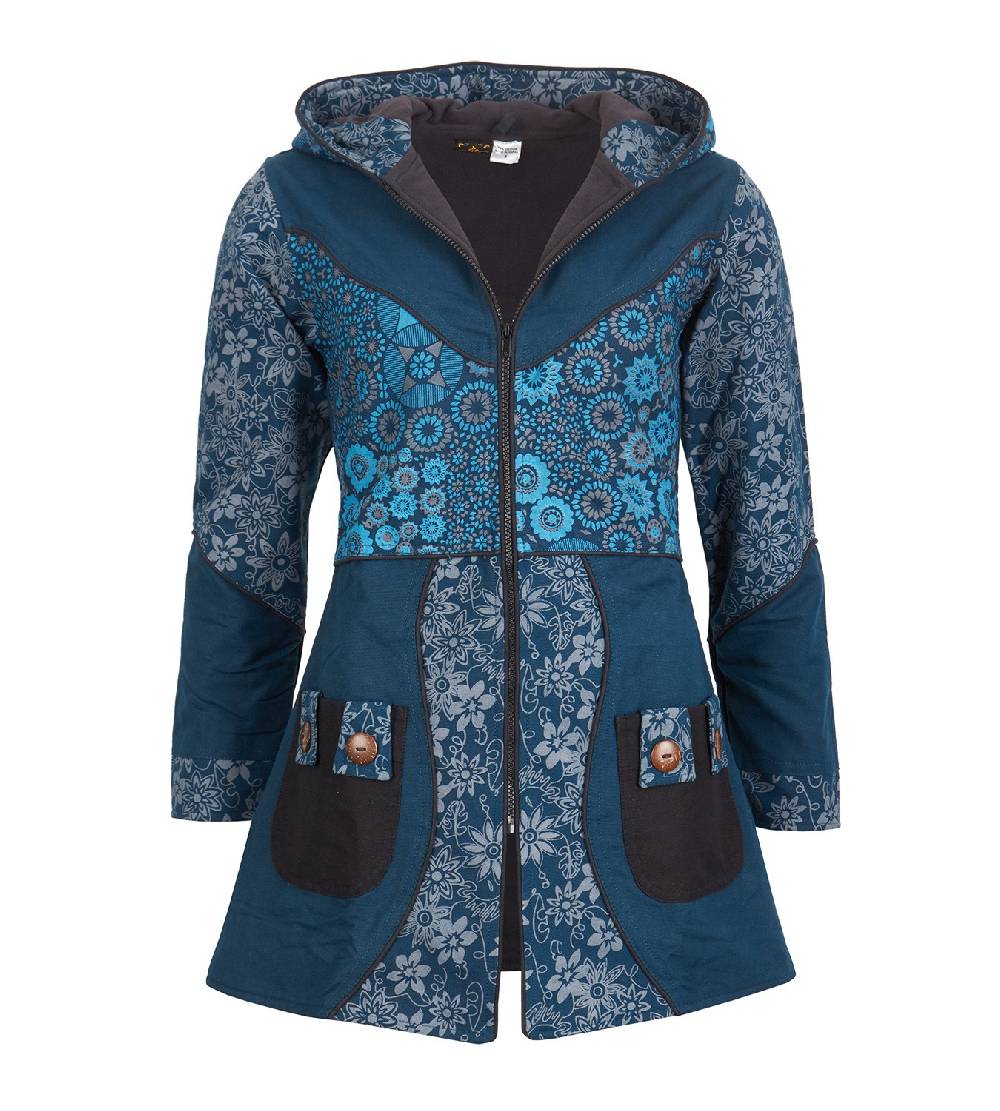 Kunst Und Magie Kunst und Magie Damenmantel mit Kapuze Blumenmuster Jacke Baumwolle Boho Exklusive Angebote