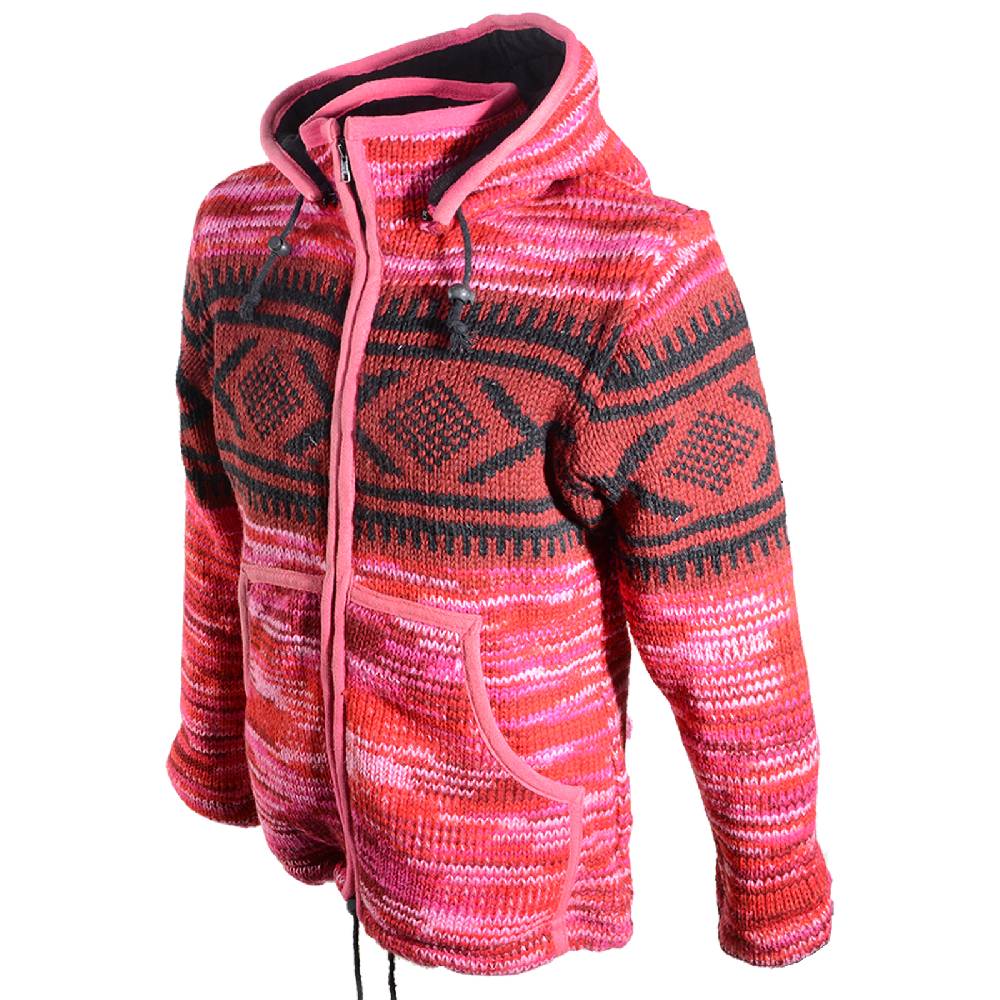 Kunst Und Magie Hippie Goa Nepal Strickjacke Poncho Woll-Pullover in Pink mit abnehmbarer Zipfelkapuze Fabrikladen