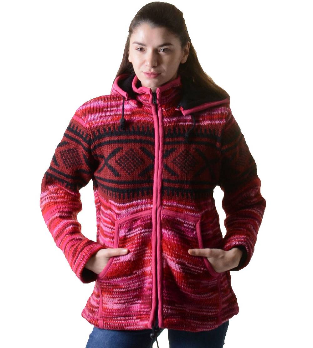 Kunst Und Magie Hippie Goa Nepal Strickjacke Poncho Woll-Pullover in Pink mit abnehmbarer Zipfelkapuze Fabrikladen