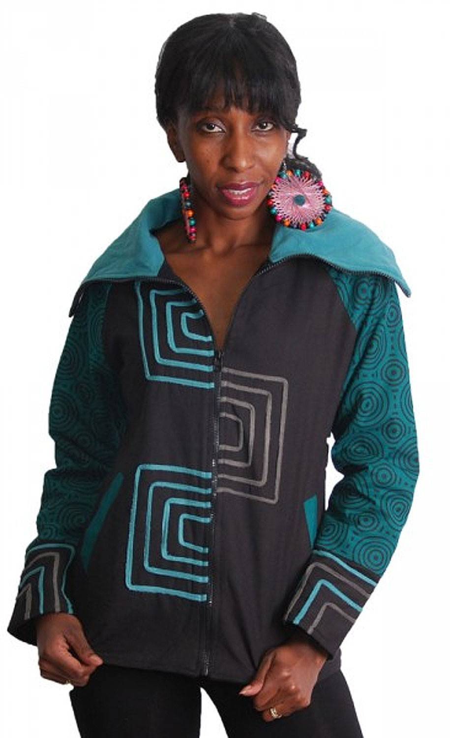 Kunst Und Magie Schwarz-Türkise Boho Jacke mit Rollkragen und Fleecefutter Fabrikverkauf