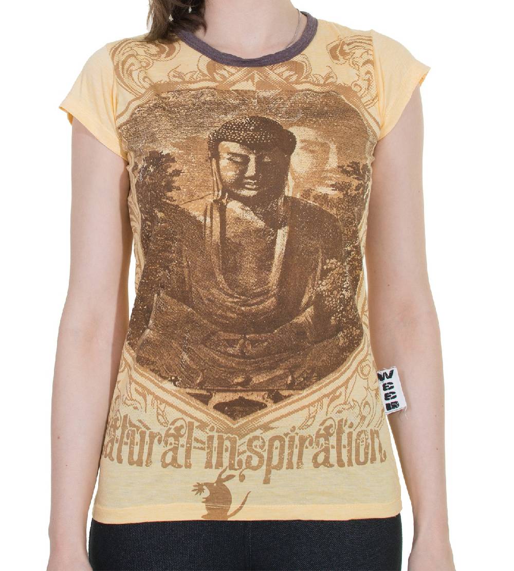 Kunst Und Magie 70er Retro Top Sure Weed Buddha Meditation Girlie T-Shirt im Knitter Look zollfrei