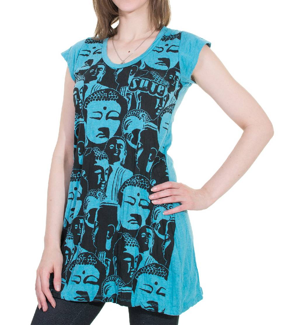 Kunst Und Magie 70er Retro Longshirt Minikleid Sure Psy Goa T-Shirt mit Buddha Köpfen Hotsell