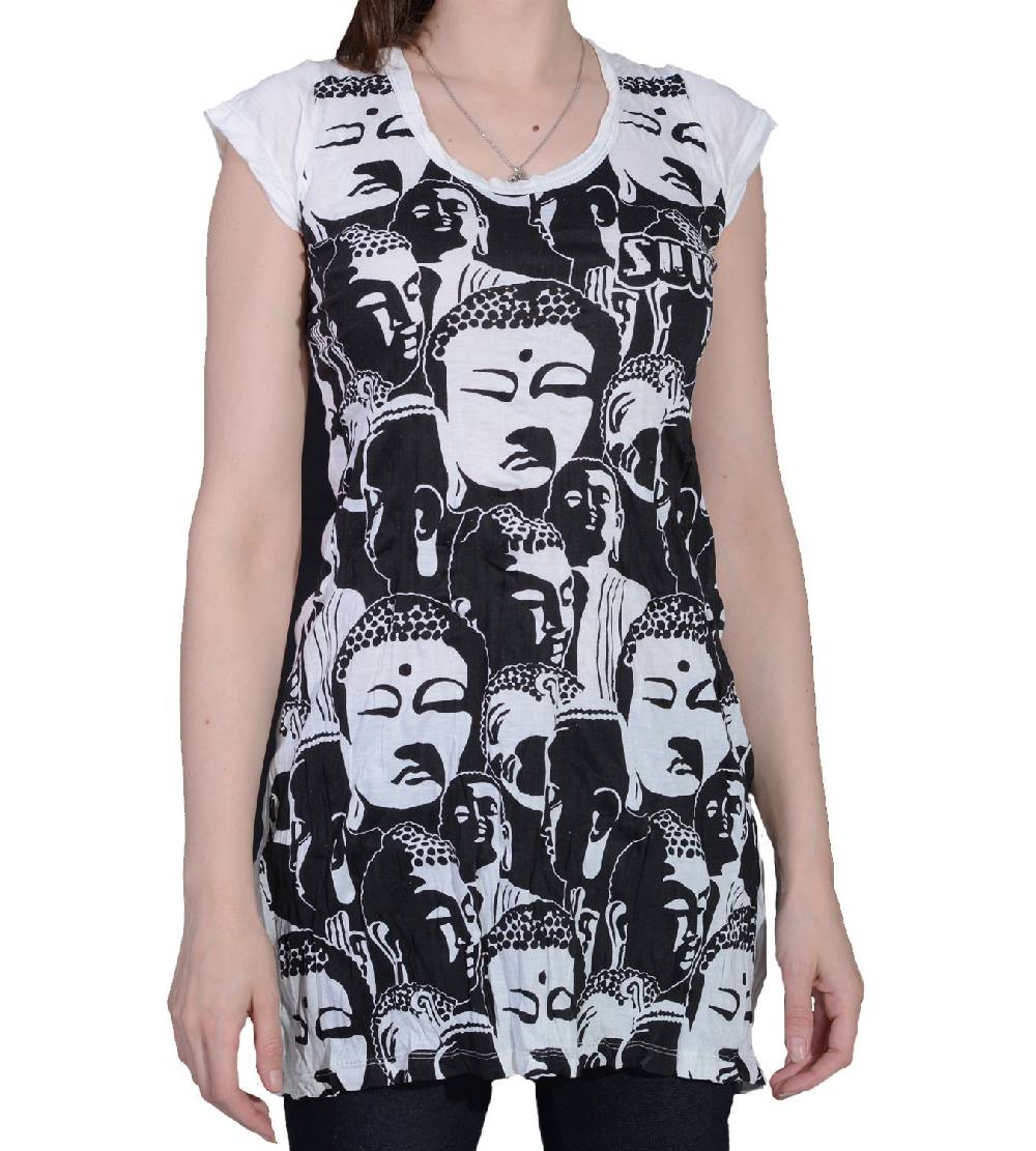 Kunst Und Magie 70er Retro Longshirt Minikleid Sure Psy Goa T-Shirt mit Buddha Köpfen Hotsell