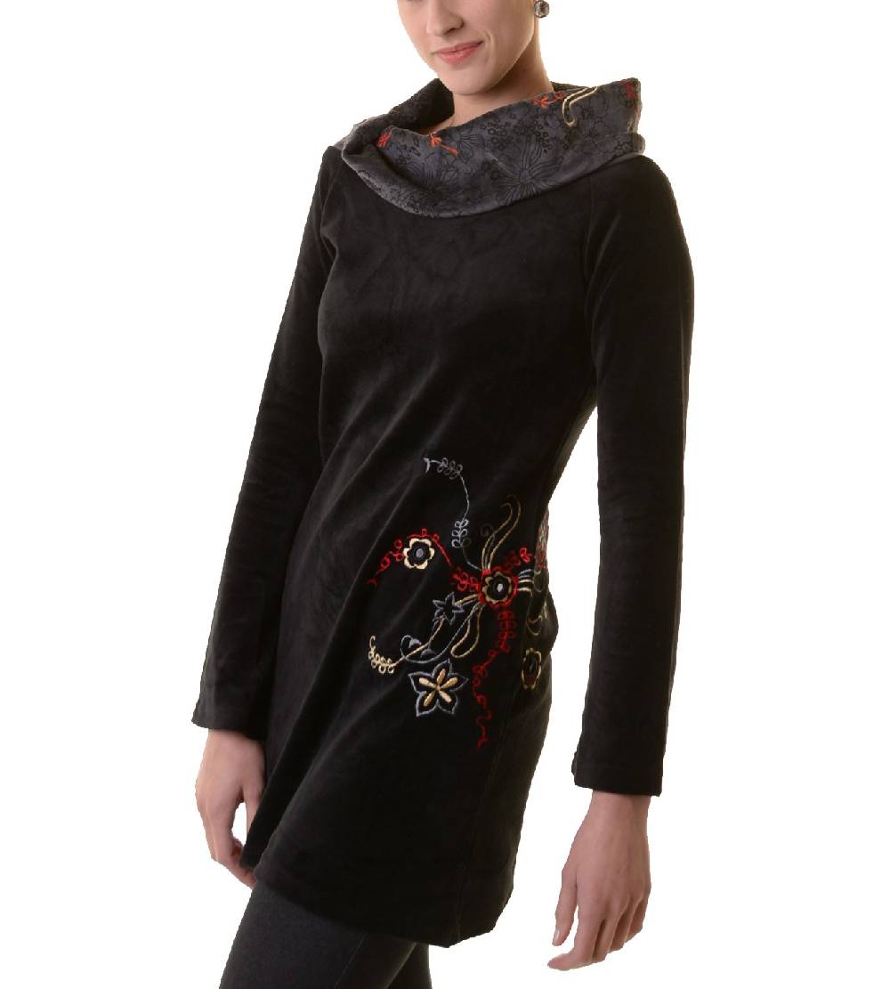 Kunst Und Magie Boho Tunika/Kleid mit Kragen aus Samt Blitzangebot