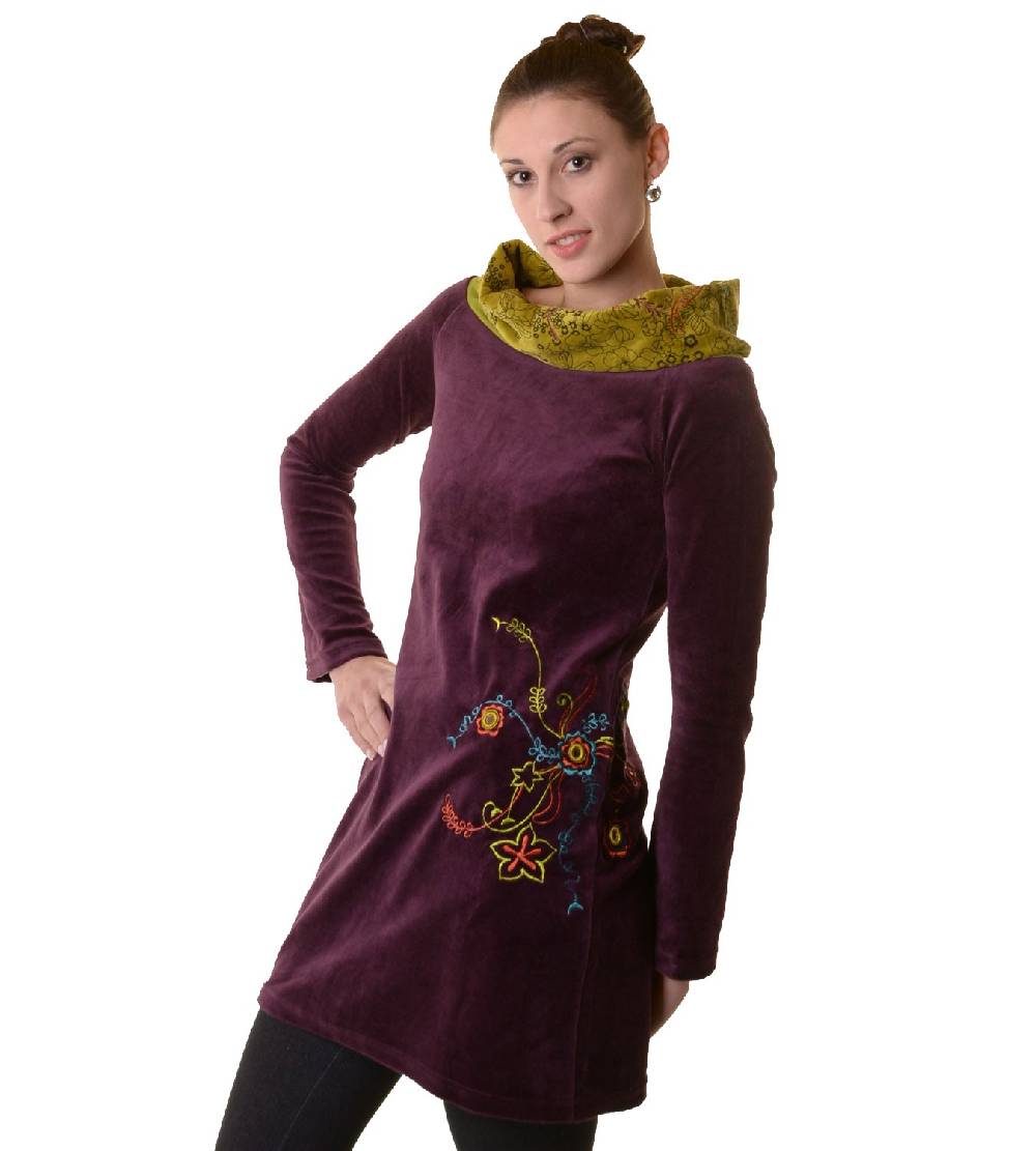 Kunst Und Magie Boho Tunika/Kleid mit Kragen aus Samt Blitzangebot