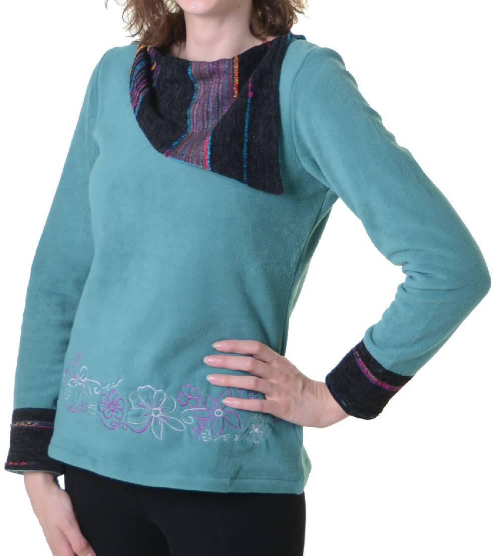 Kunst Und Magie Fleecepullover mit Blumenmustern und auffälligem Baumwoll-Kragen - Damen Oberteil Hippie Goa Boho Überzieher Riesige Ersparnisse