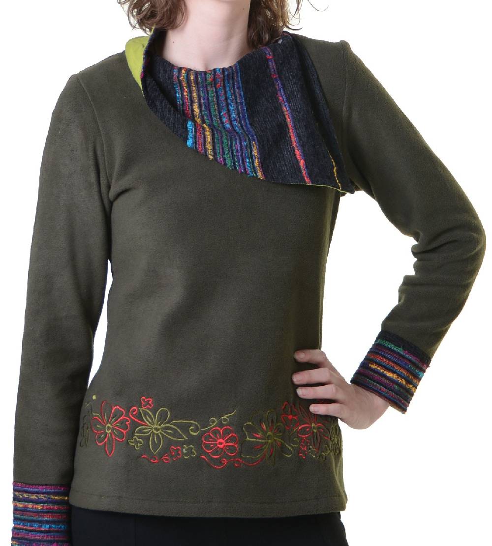 Kunst Und Magie Fleecepullover mit Blumenmustern und auffälligem Baumwoll-Kragen - Damen Oberteil Hippie Goa Boho Überzieher Riesige Ersparnisse