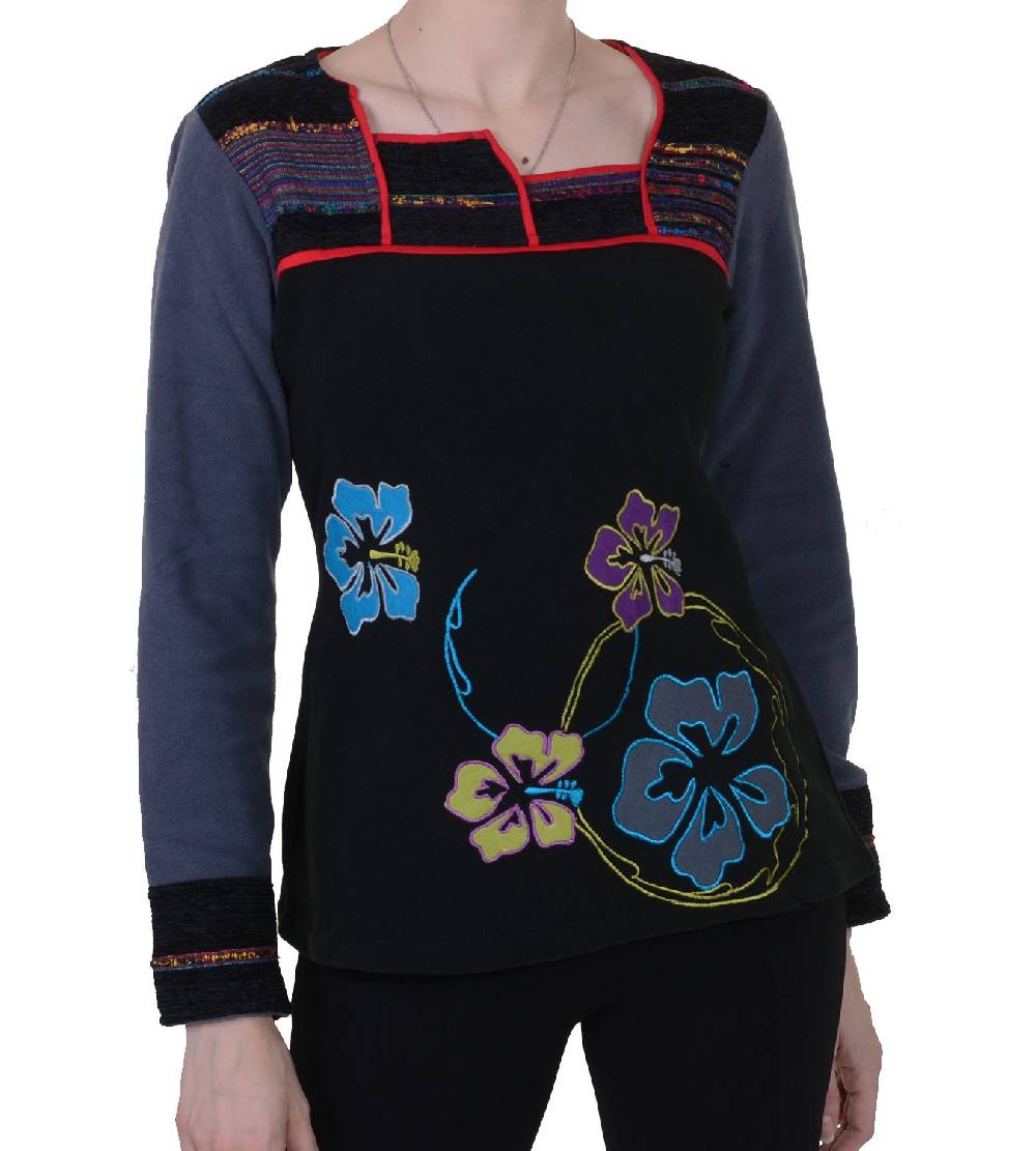 Kunst Und Magie Fleeceoberteil mit wunderschönem Blumenstick für hippe Damen Boho Hippie Goa Psy VIP-Rabatte