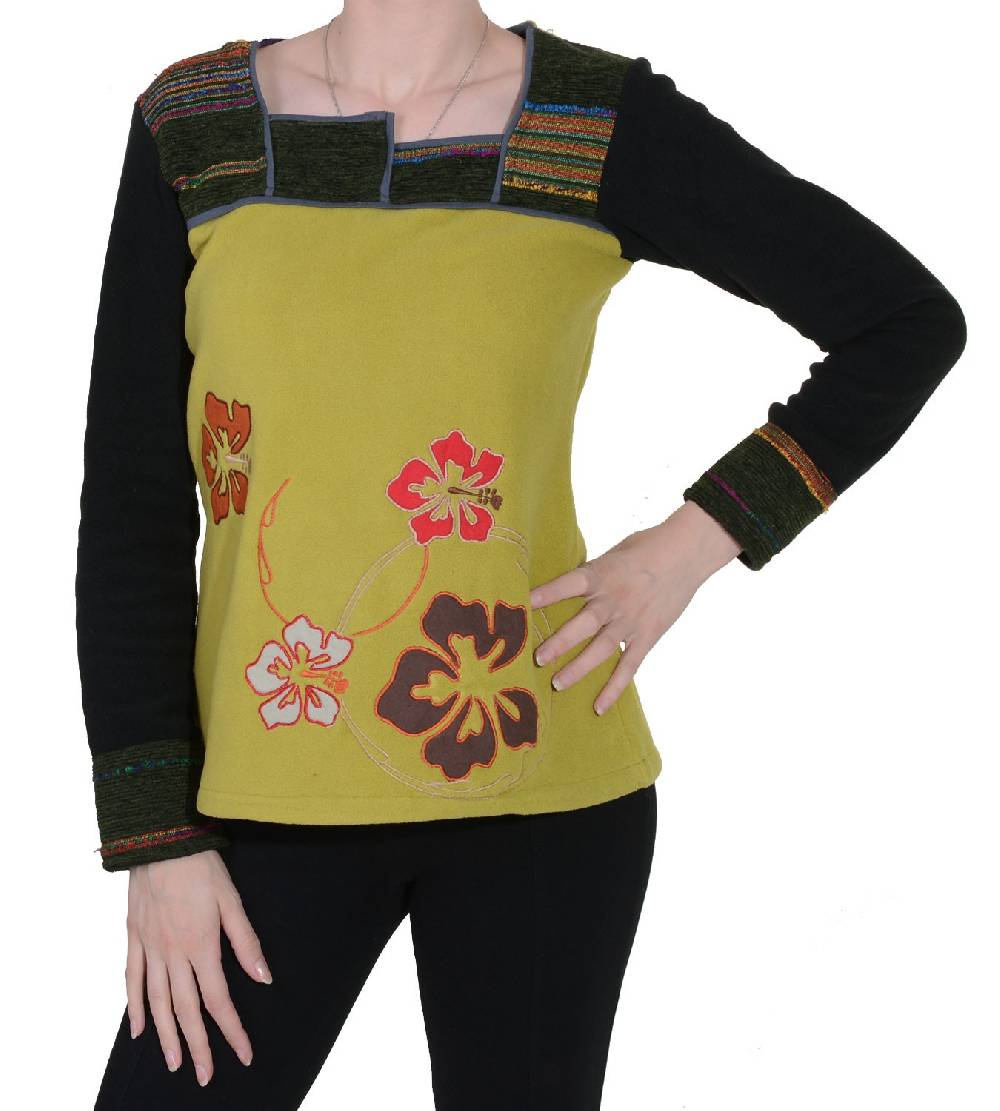 Kunst Und Magie Fleeceoberteil mit wunderschönem Blumenstick für hippe Damen Boho Hippie Goa Psy VIP-Rabatte