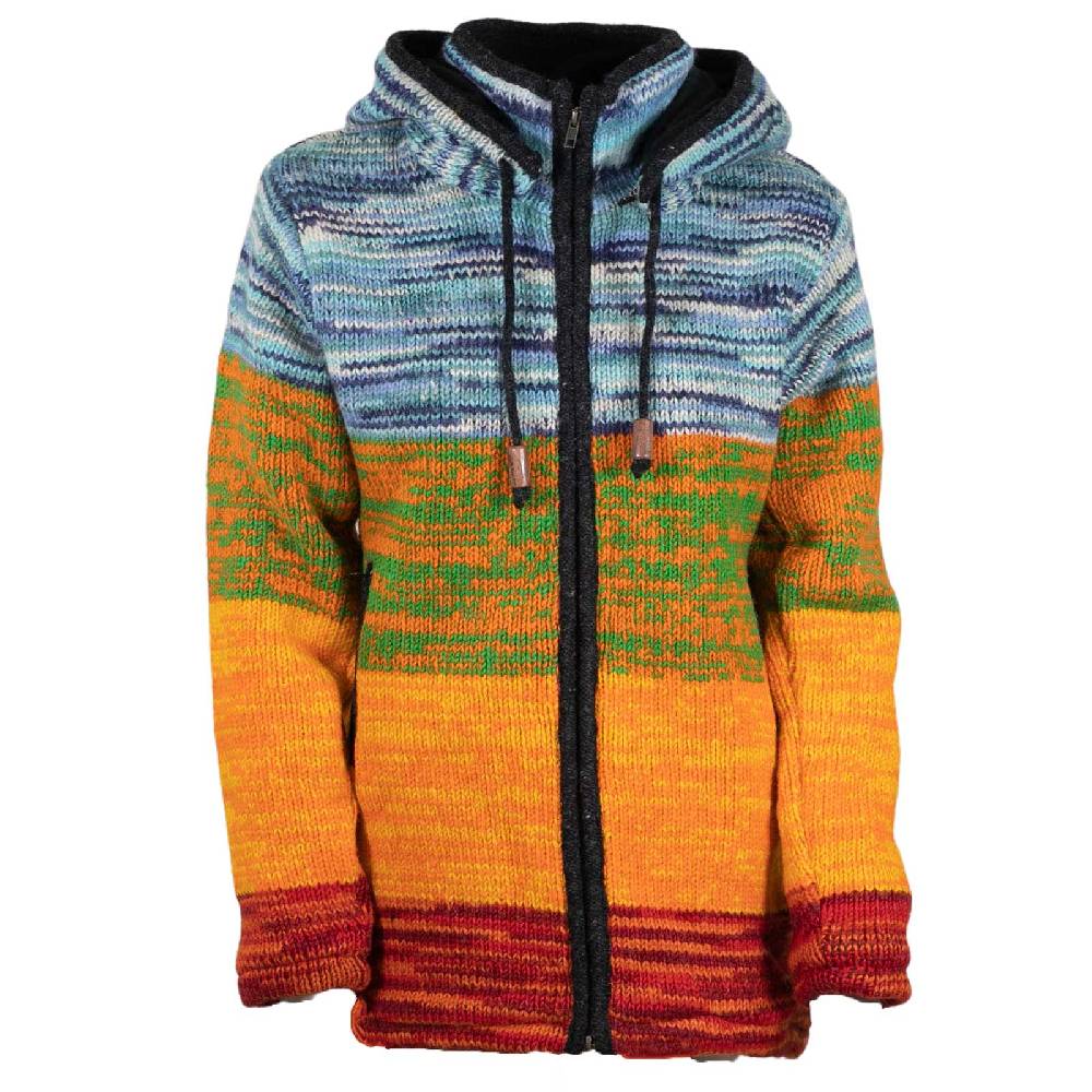 Kunst Und Magie Damen Strickjacke Goa Wolle Jacke mit abnehmbarer Zipfelkapuze Fleecefutter Rainbow Speichern exportieren