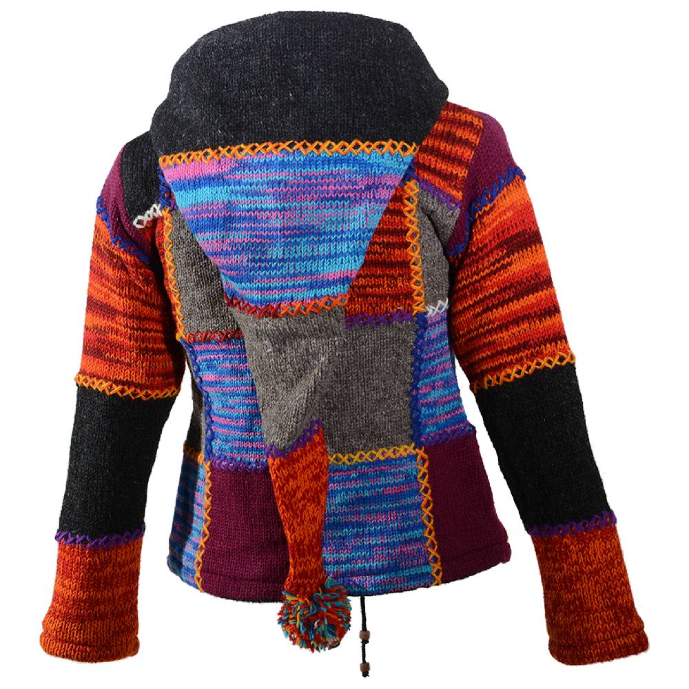 Kunst Und Magie Kunst und Magie Damen Bunte Patchwork Strickjacke mit Zipfelkapuze Im Verkauf