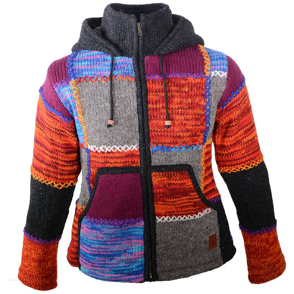 Kunst Und Magie Kunst und Magie Damen Bunte Patchwork Strickjacke mit Zipfelkapuze Im Verkauf