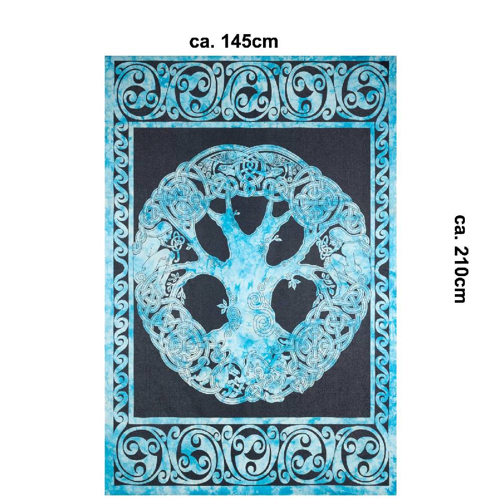 Kunst Und Magie Dekotuch Tagesdecke Wandbehang Celtic Lebensbaum Ygdrasül Tuch Keltisch Blau ca.210x145cm Valentinstagsangebot