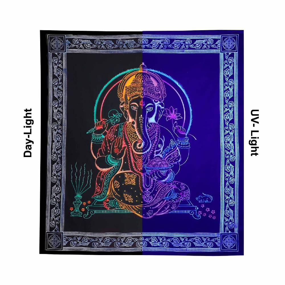 Kunst Und Magie UV Tuch Ganesha Tagesdecke Wandbehang Deko Meditation UV Schwarzlicht ca. 200 x 135 cm Saisonale Angebote