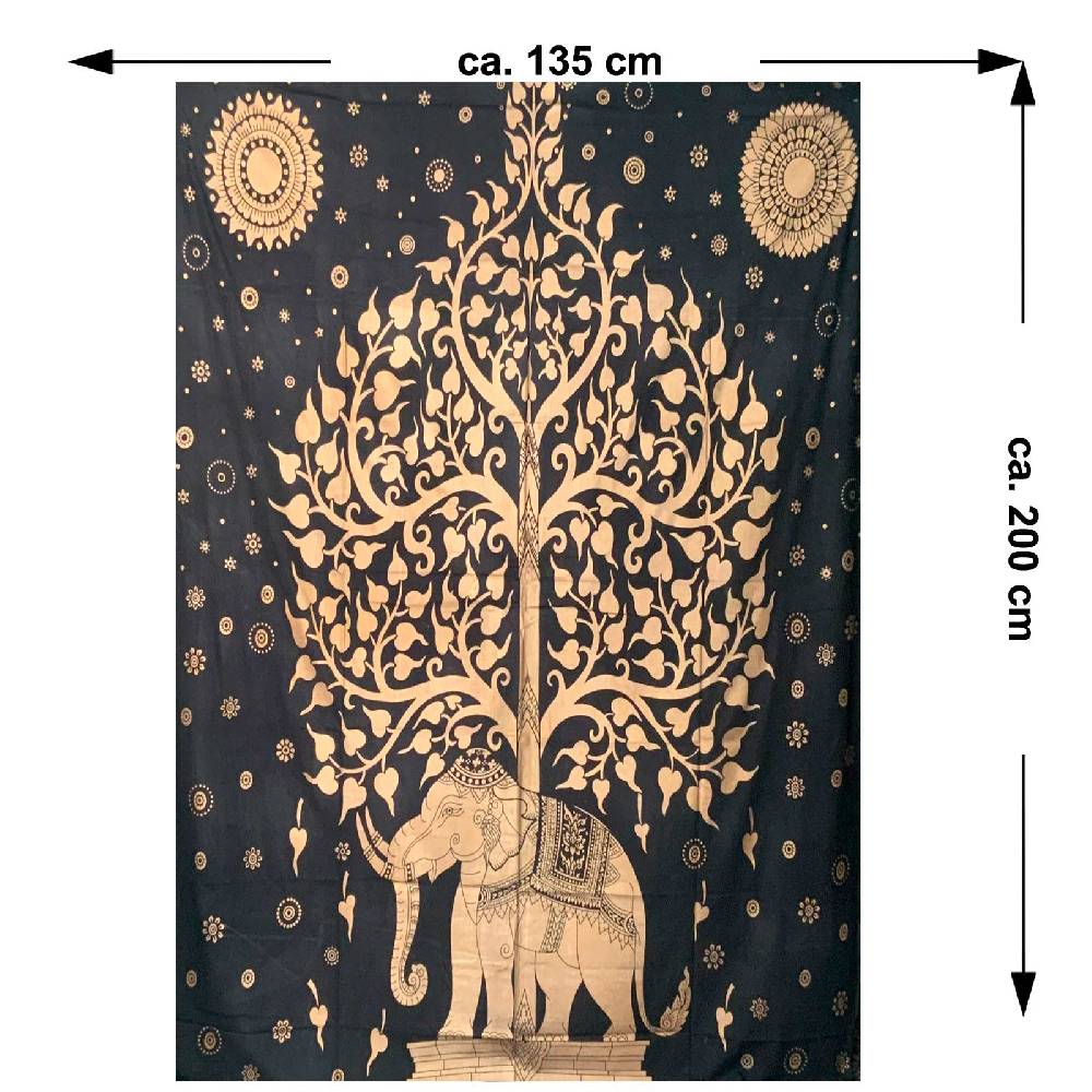 Kunst Und Magie Kunst und Magie Tagesdecke Wandbehang Deko Tuch Goldener Elefant Bohi Baum ca. 200 x135cm Discount Store für neue Produkte