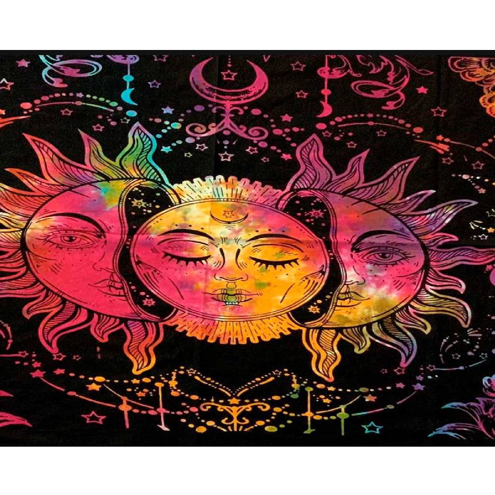 Kunst Und Magie Tagesdecke Wandbehang Bunt Deko Tuch Sonne Mond und Sterne Goa Hippie ca.200 x 140cm 2025
