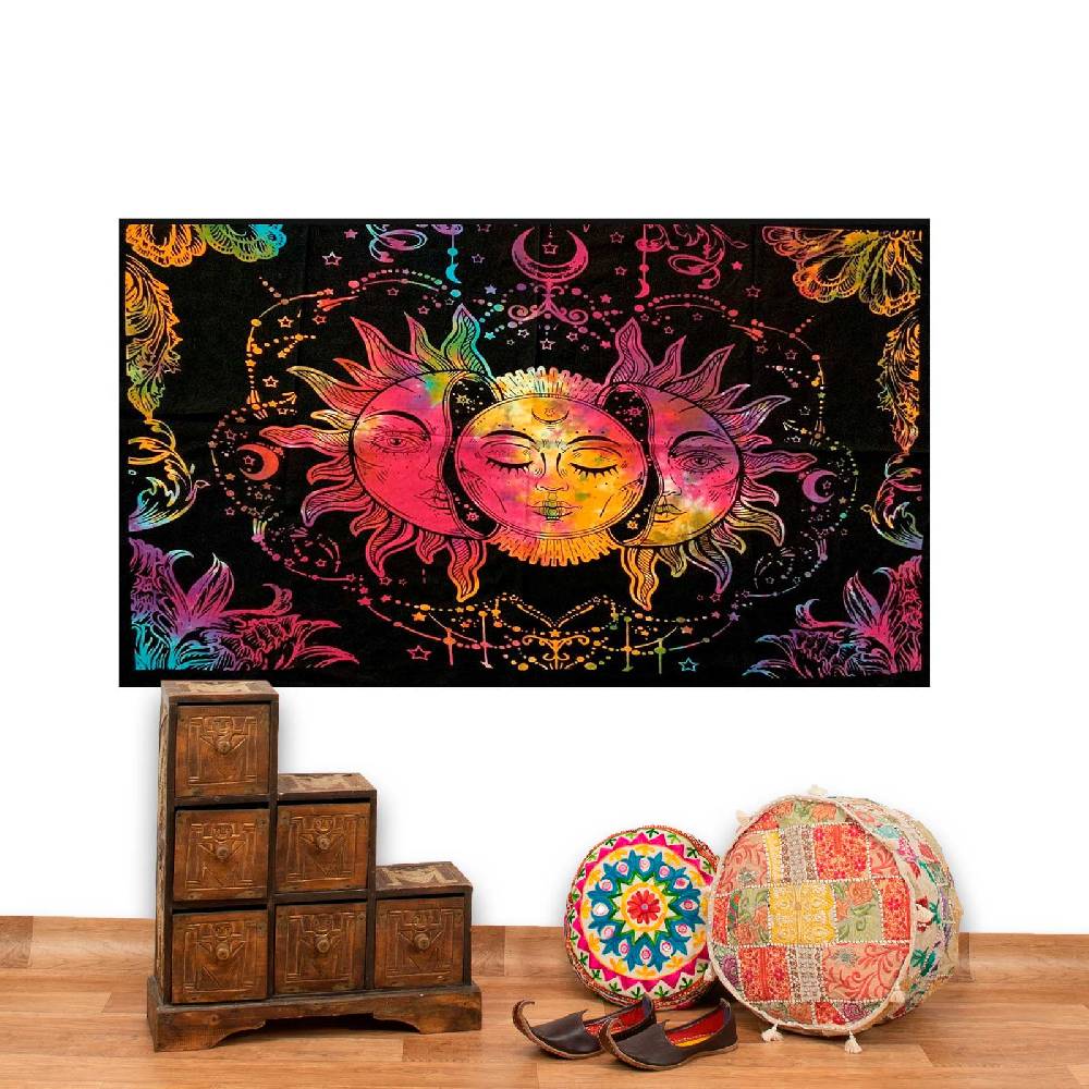 Kunst Und Magie Tagesdecke Wandbehang Bunt Deko Tuch Sonne Mond und Sterne Goa Hippie ca.200 x 140cm 2025