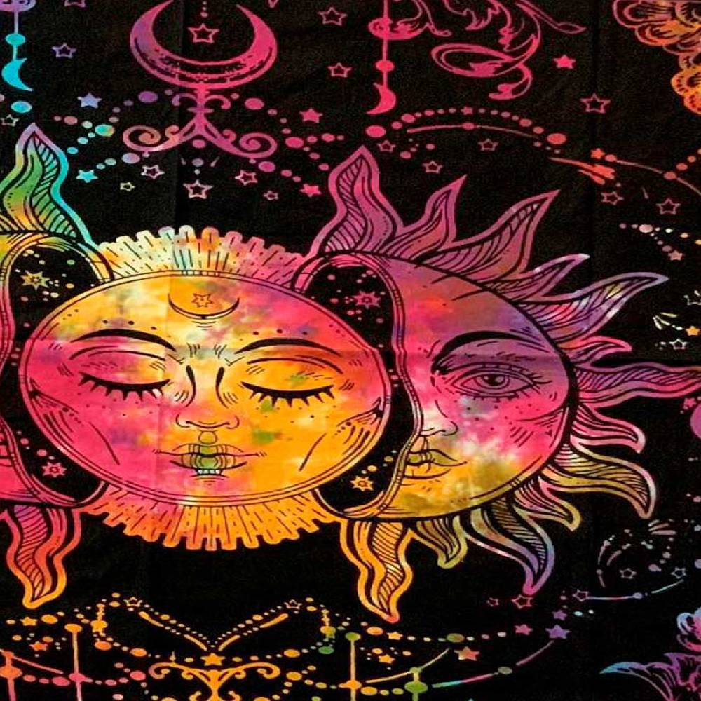Kunst Und Magie Tagesdecke Wandbehang Bunt Deko Tuch Sonne Mond und Sterne Goa Hippie ca.200 x 140cm 2025