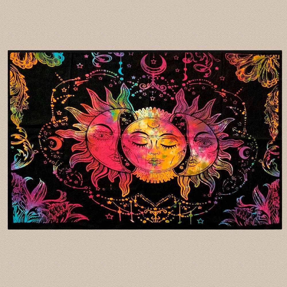 Kunst Und Magie Tagesdecke Wandbehang Bunt Deko Tuch Sonne Mond und Sterne Goa Hippie ca.200 x 140cm 2025