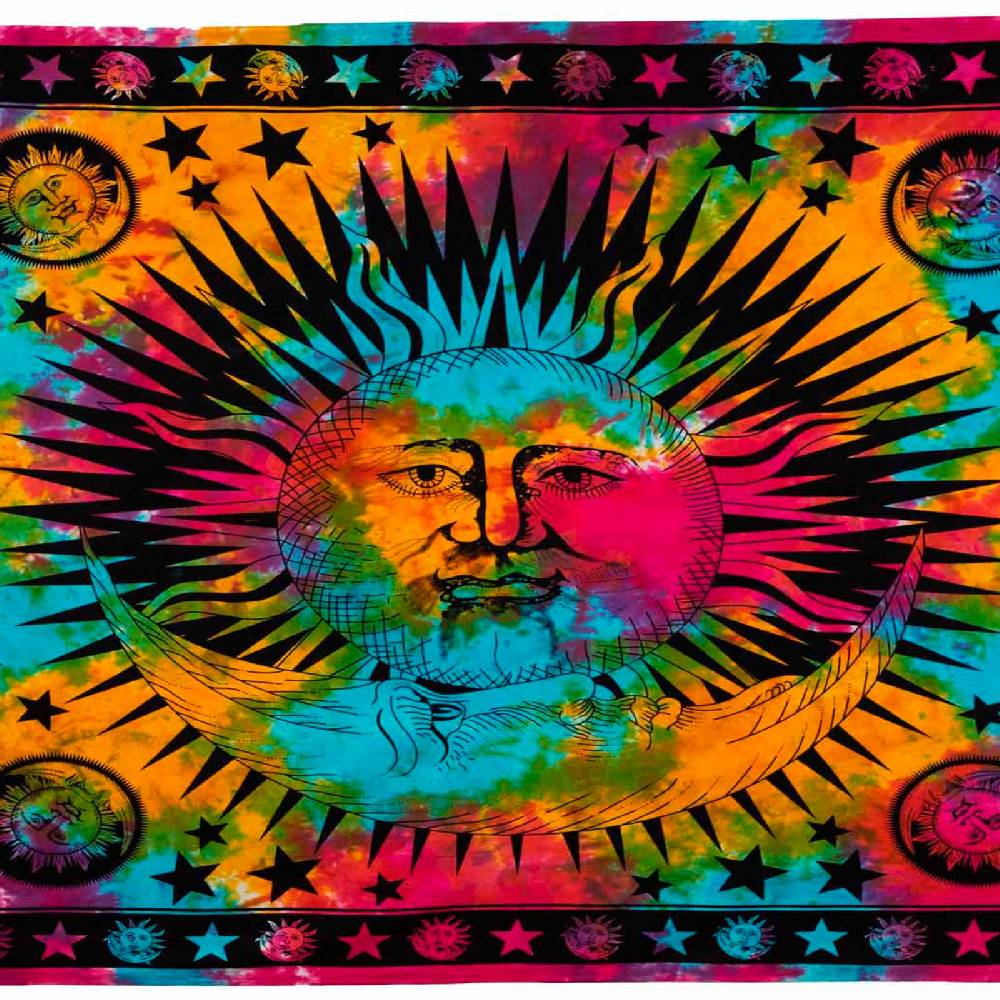 Kunst Und Magie Tagesdecke Wandbehang Bunt Deko Tuch Sonne Mond und Sterne Goa Hippie ca.200 x 140cm im Angebot