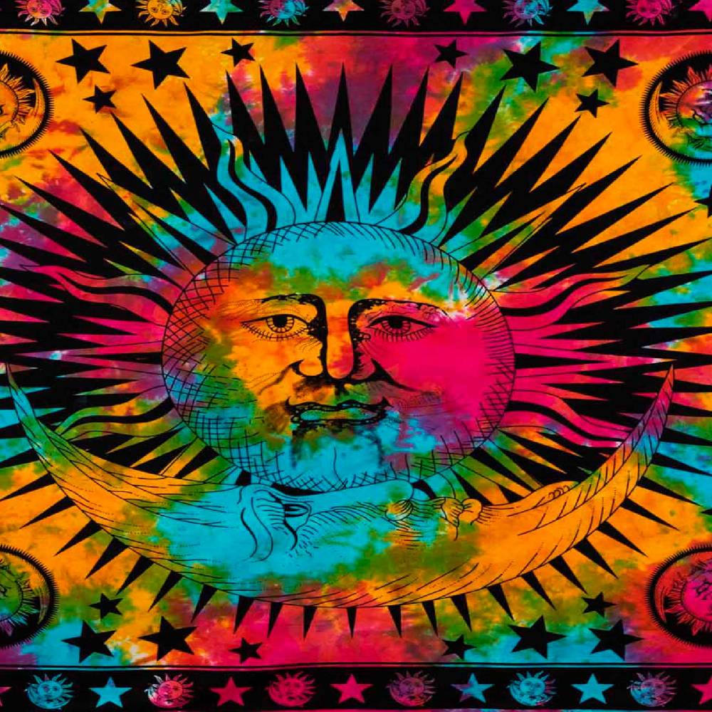 Kunst Und Magie Tagesdecke Wandbehang Bunt Deko Tuch Sonne Mond und Sterne Goa Hippie ca.200 x 140cm im Angebot