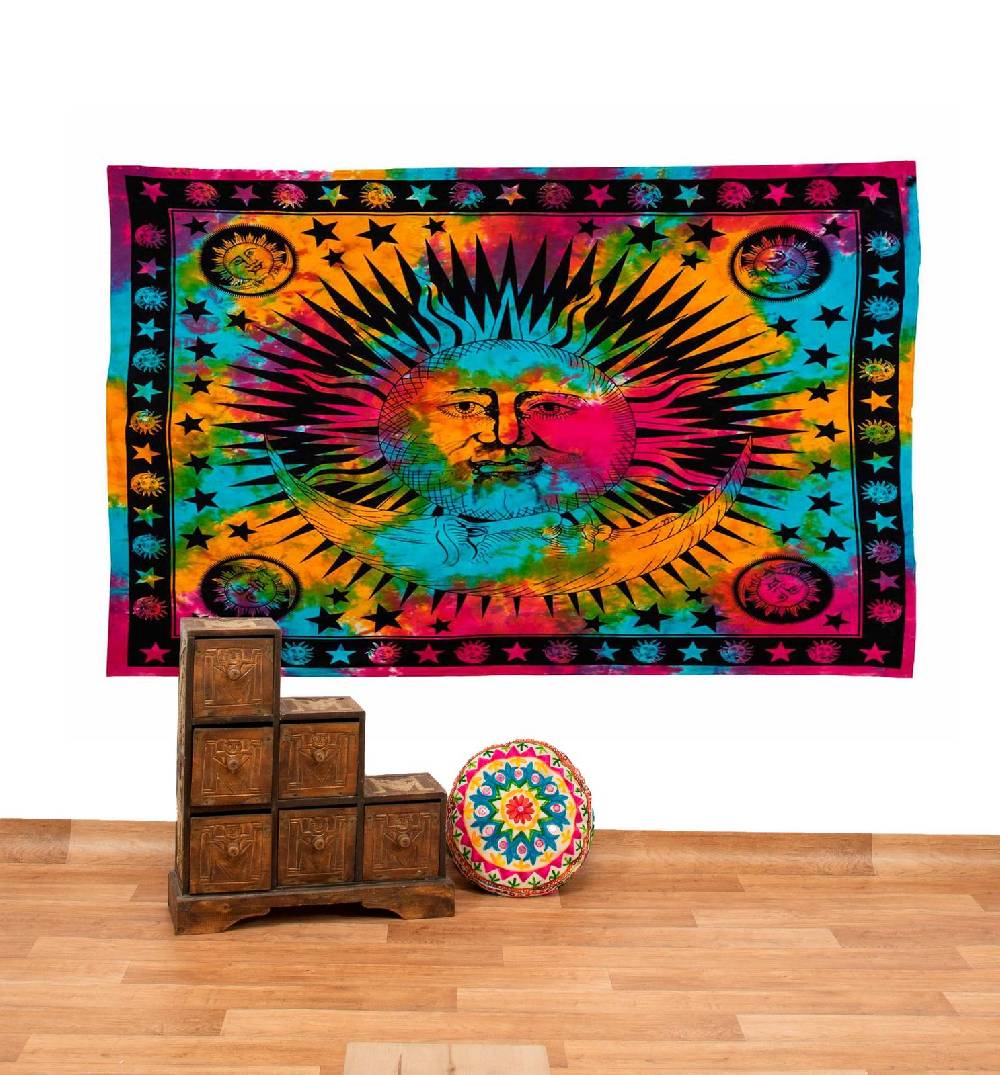 Kunst Und Magie Tagesdecke Wandbehang Bunt Deko Tuch Sonne Mond und Sterne Goa Hippie ca.200 x 140cm im Angebot