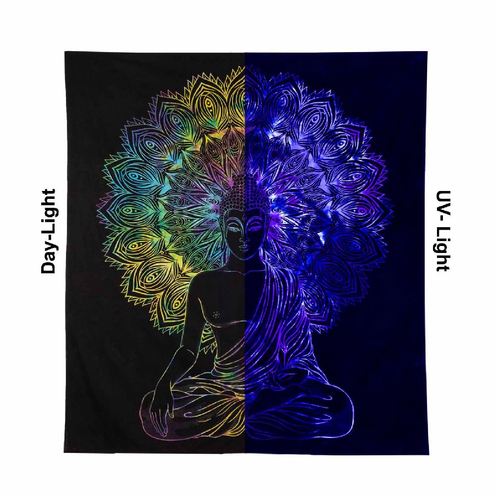 Kunst Und Magie UV Tuch Buddha Tagesdecke Wandbehang Deko Meditation UV Schwarzlicht ca. 200 x 135 cm Fabrikverkauf