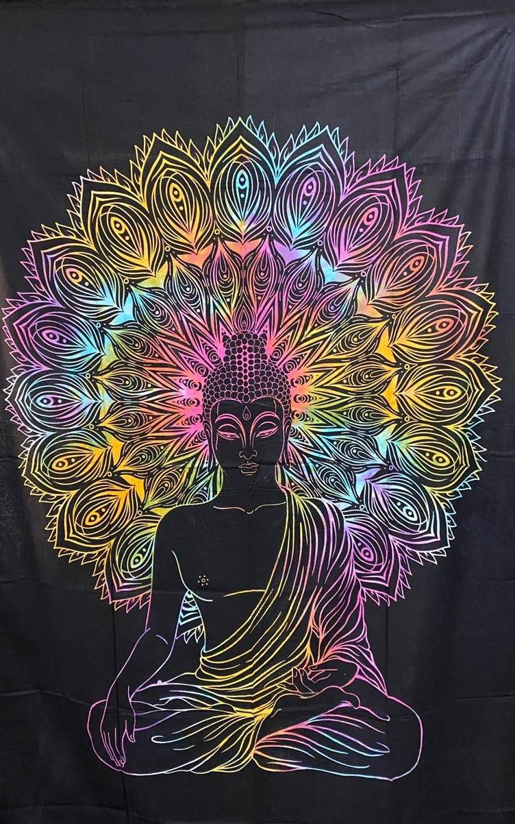 Kunst Und Magie UV Tuch Buddha Tagesdecke Wandbehang Deko Meditation UV Schwarzlicht ca. 200 x 135 cm Fabrikverkauf