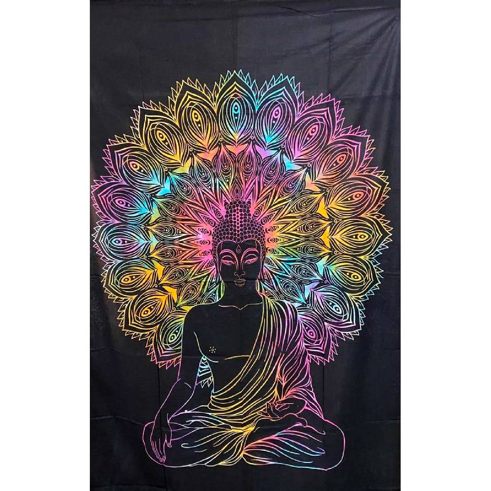 Kunst Und Magie UV Tuch Buddha Tagesdecke Wandbehang Deko Meditation UV Schwarzlicht ca. 200 x 135 cm Fabrikverkauf