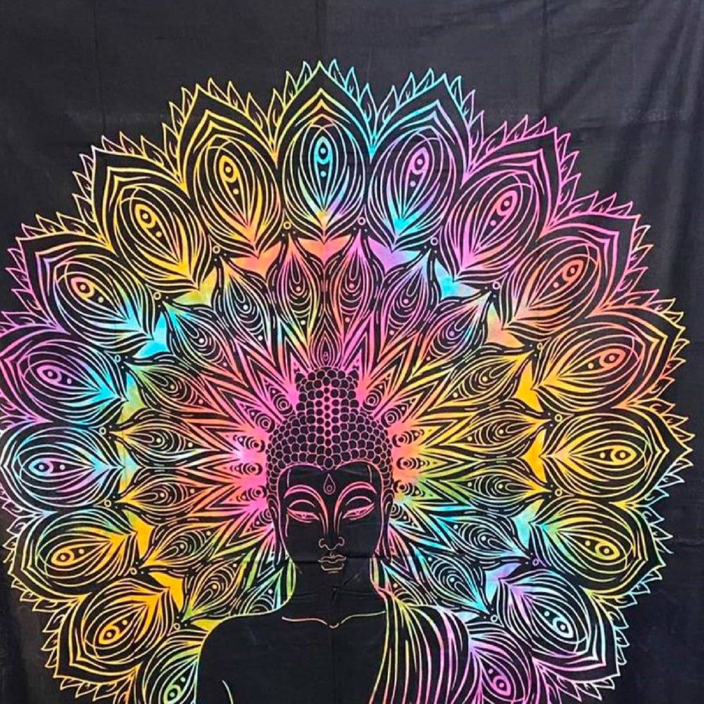 Kunst Und Magie UV Tuch Buddha Tagesdecke Wandbehang Deko Meditation UV Schwarzlicht ca. 200 x 135 cm Fabrikverkauf