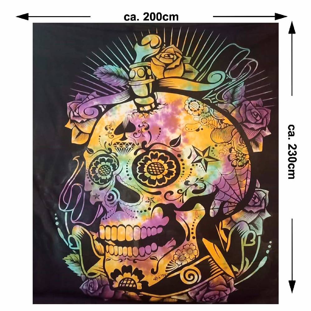 Kunst Und Magie Tagesdecke Wandbehang Totenkopf Deko Tuch Sugar Skull Rose Tattoo Multicolour XL ca. 200 x 230cm Zeitlich begrenztes Angebot
