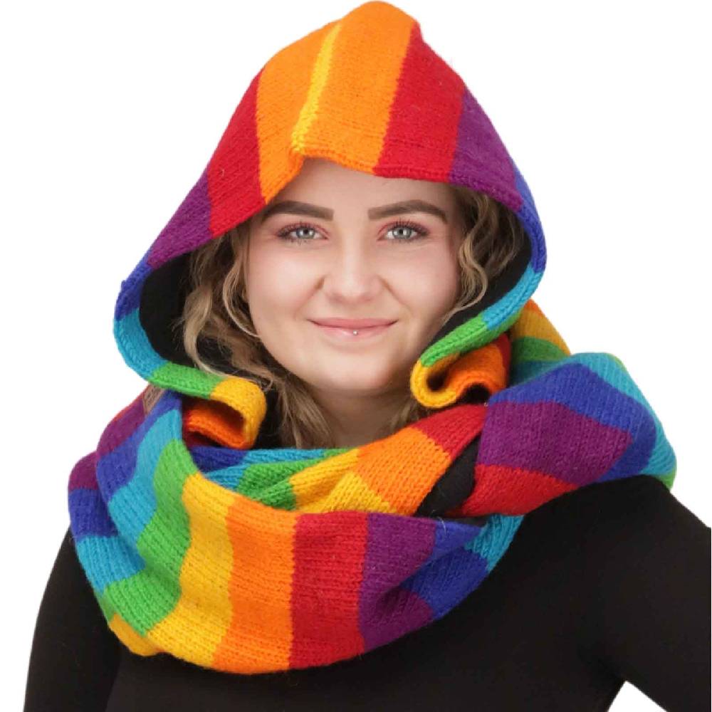 Kunst Und Magie Damen Kapuzenschal Loop Schal Hoodie Schalmütze Poncho Regenbogenfarben aus Wolle gestrickt Strick Kapuze Bis zu 55% Rabatt