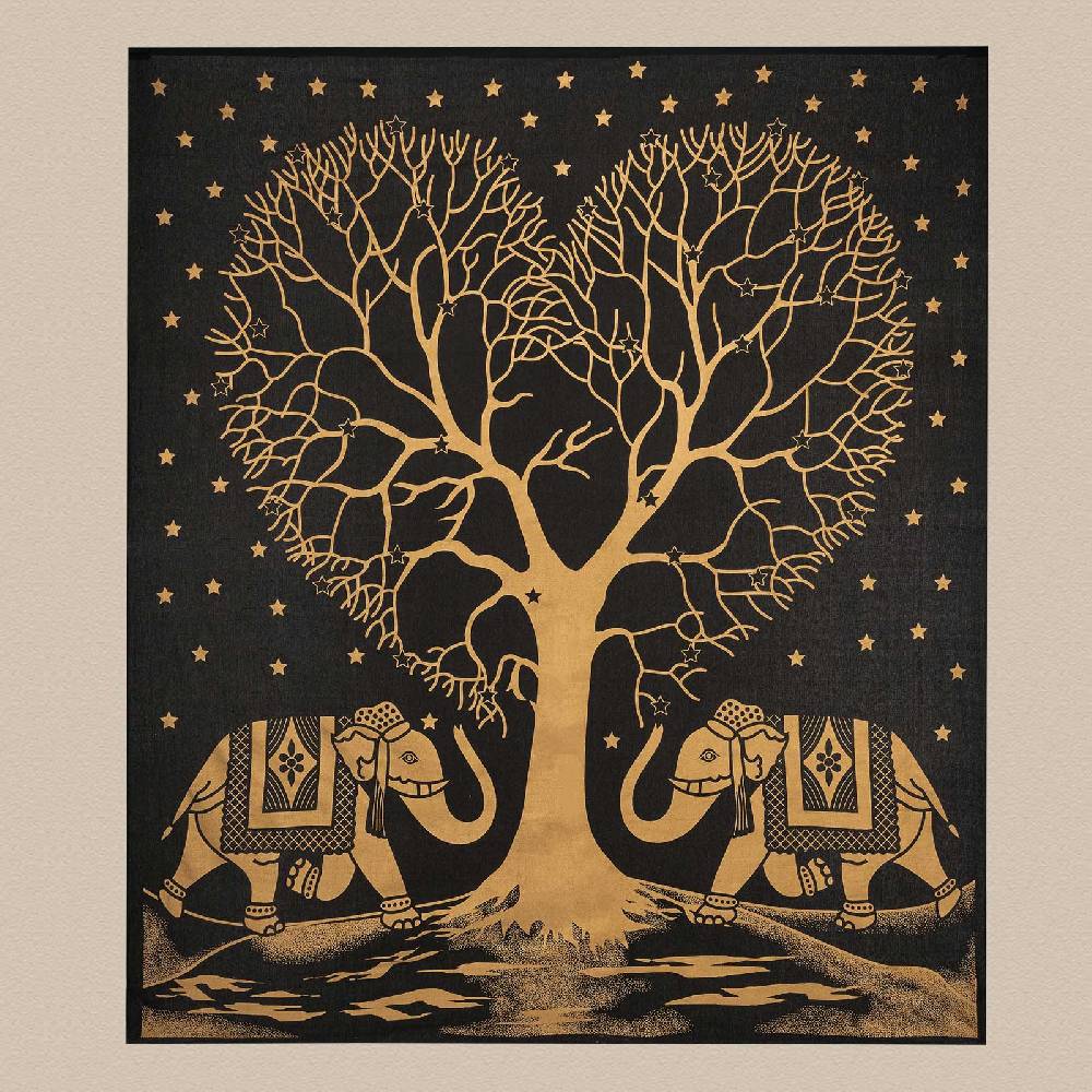 Kunst Und Magie Tagesdecke Wandbehang Deko Tuch Goldener Liebes Baum Love Tree Elefant ca. 200 x 230cm XL Outlet