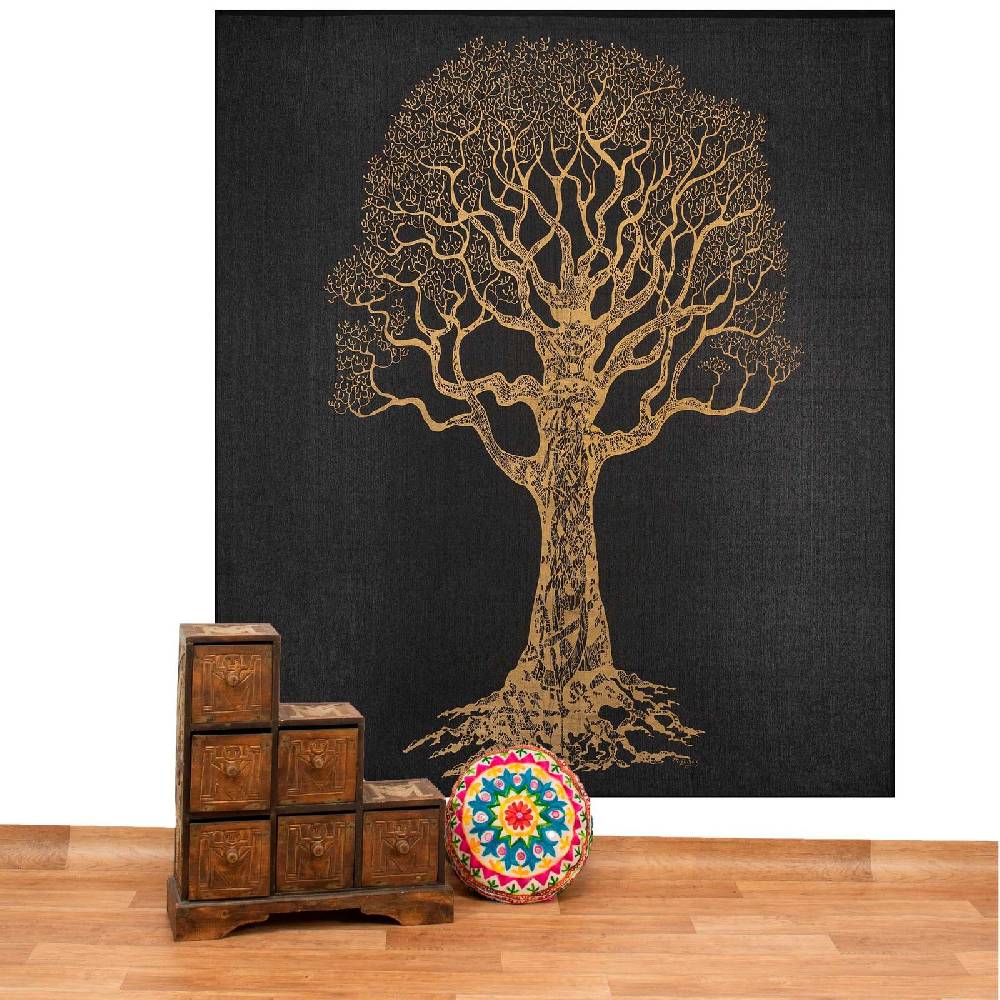 Kunst Und Magie Kunst und Magie Tagesdecke Wandbehang Deko Tuch Goldener Baum ca. 200 x 230cm XL Schlussverkauf