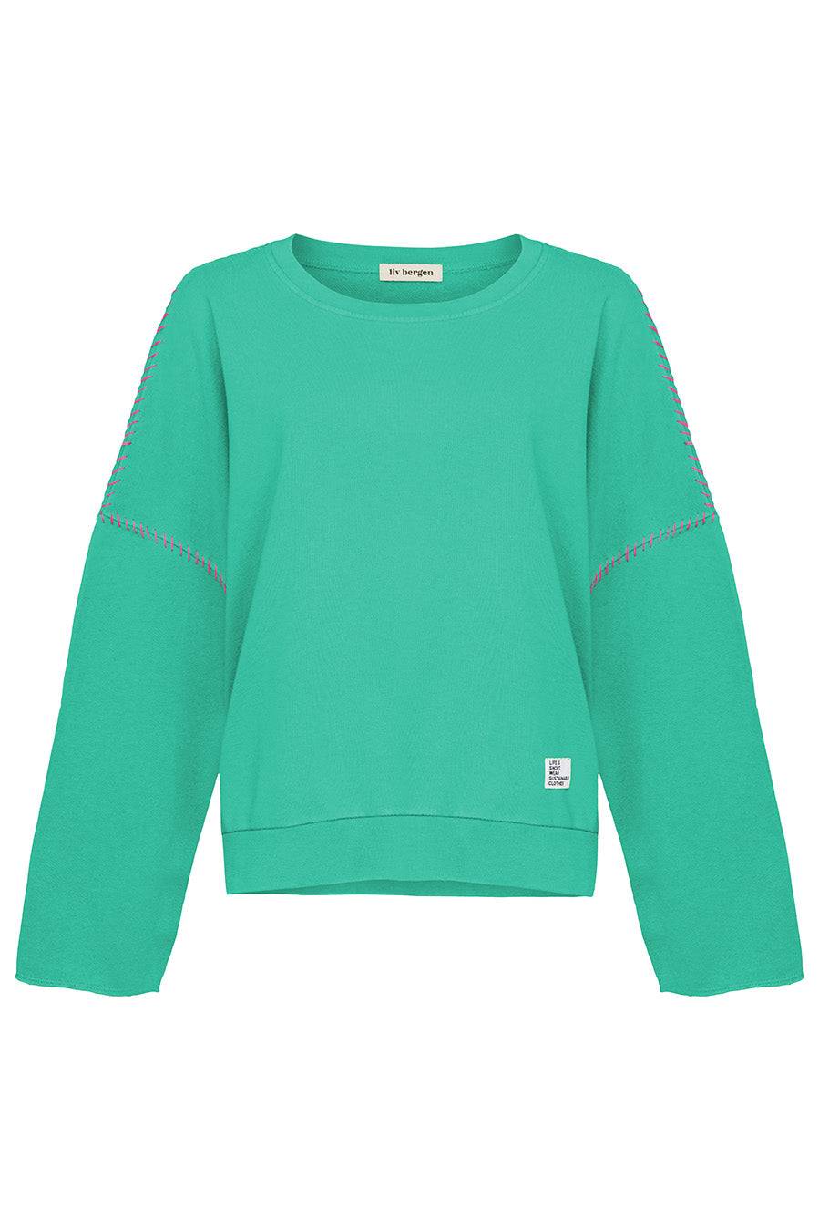 Liv Bergen Sweater "100% Organic Cotton" handstitched in emerald Sonderangebot der Fabrik