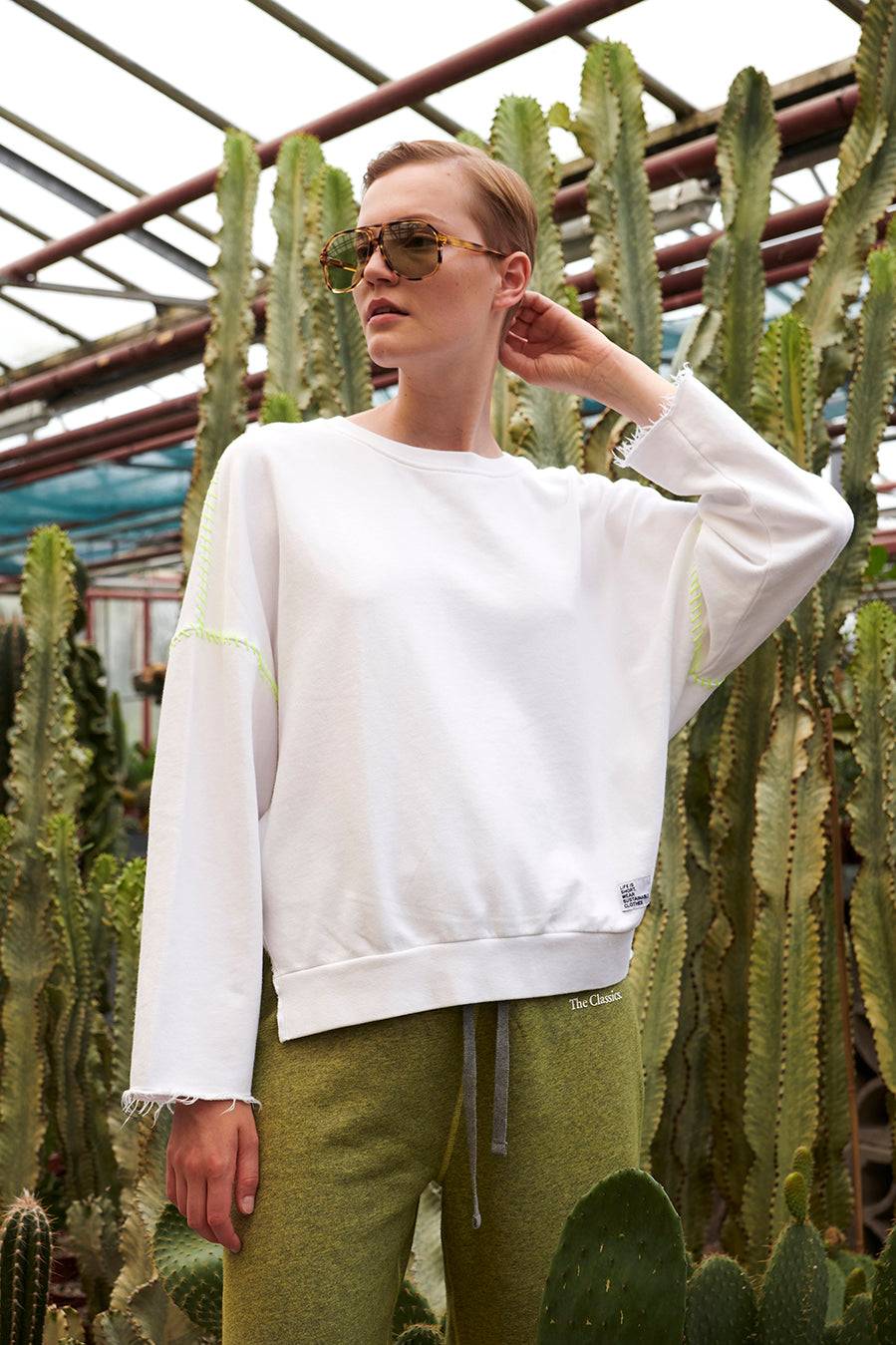 Liv Bergen Sweater "100% Organic Cotton" handstitched in emerald Sonderangebot der Fabrik
