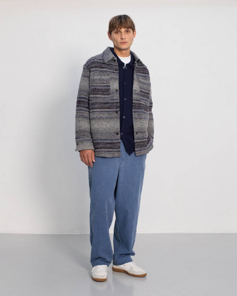 Rotholz Dickes Overshirt Bio Wollmischung - Grau Gestreift Begrenzt auf 3 Tage