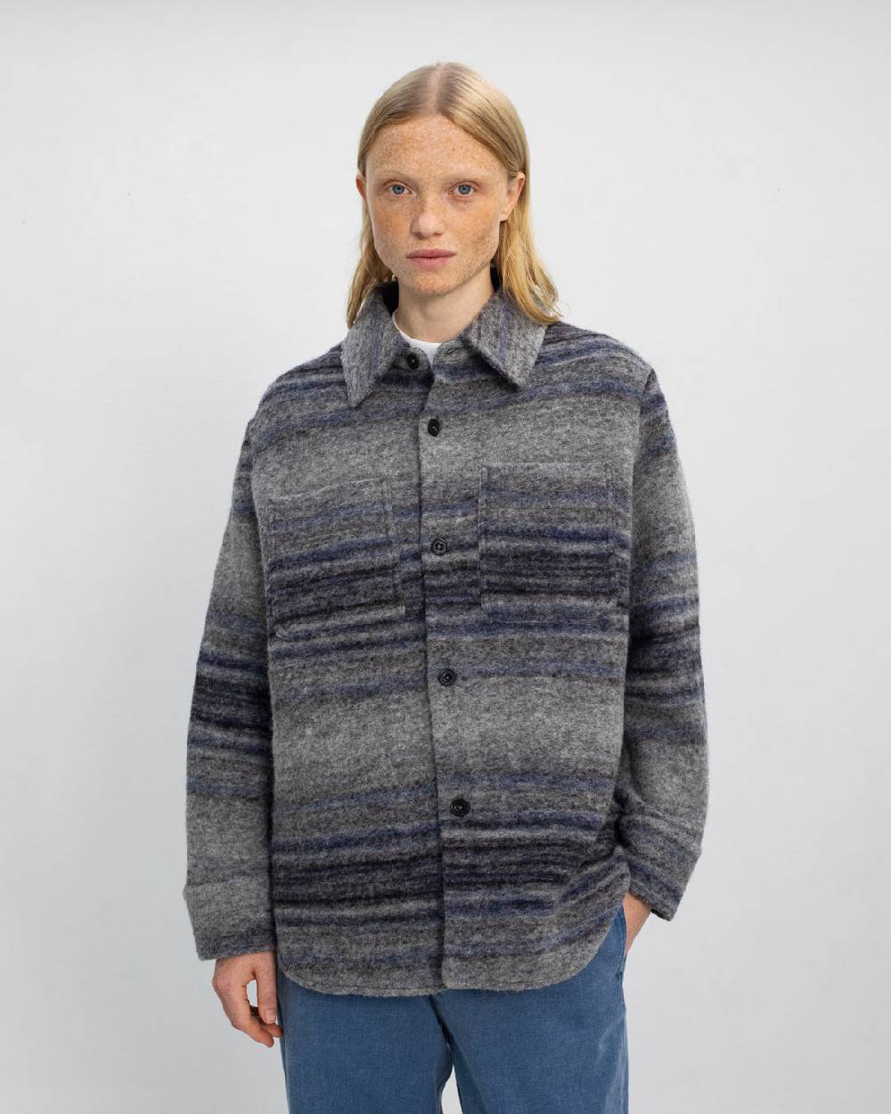 Rotholz Dickes Overshirt Bio Wollmischung - Grau Gestreift Kostenlose Rückgabe