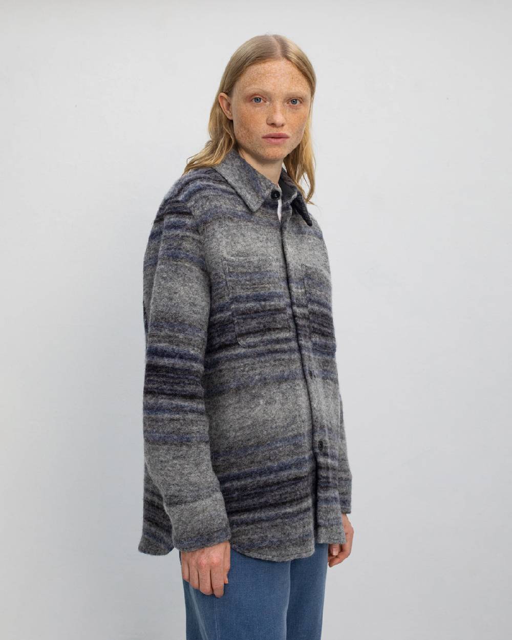 Rotholz Dickes Overshirt Bio Wollmischung - Grau Gestreift Kostenlose Rückgabe