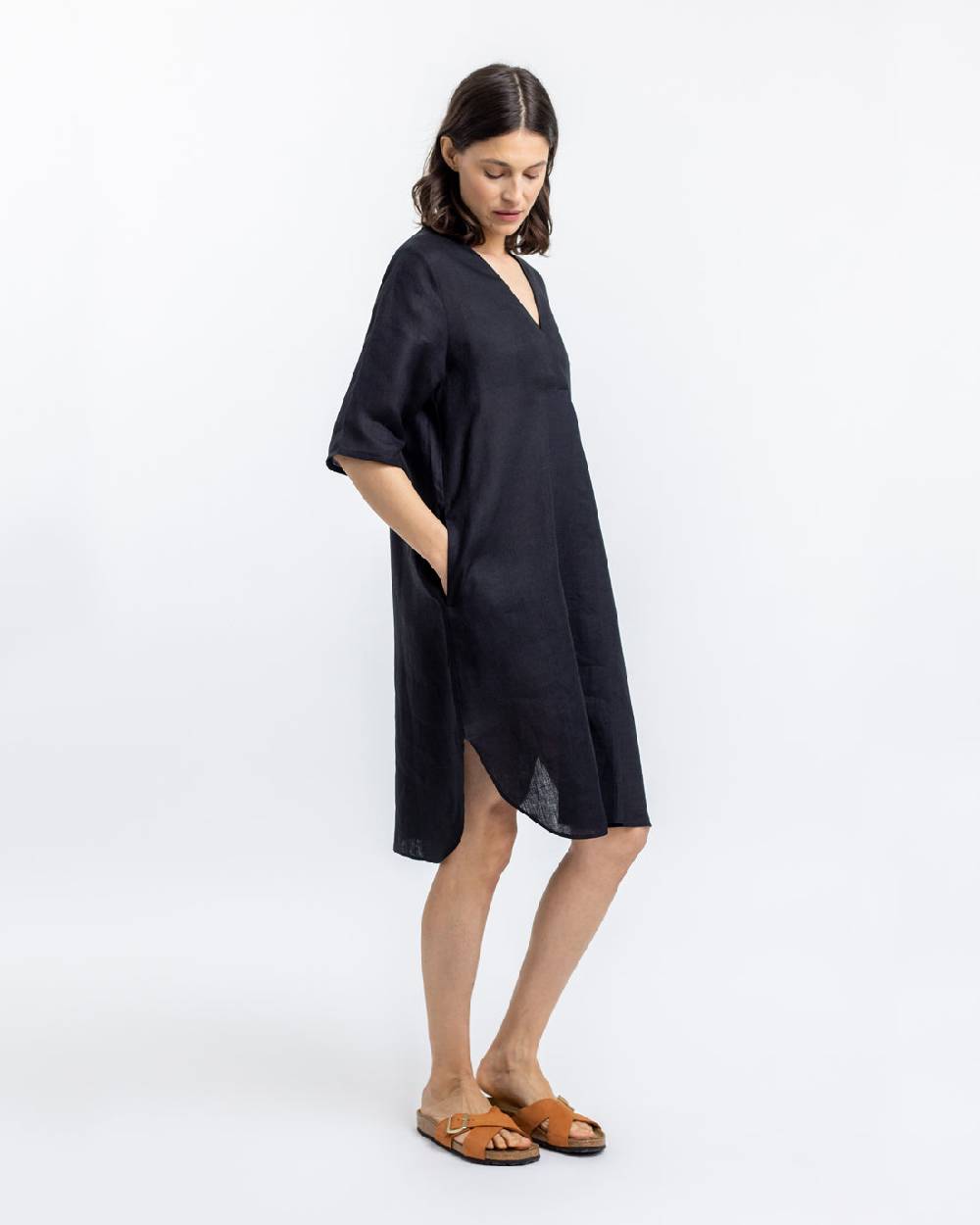 Rotholz Leinen Kaftan Kleid Schwarz Super Sparpreis