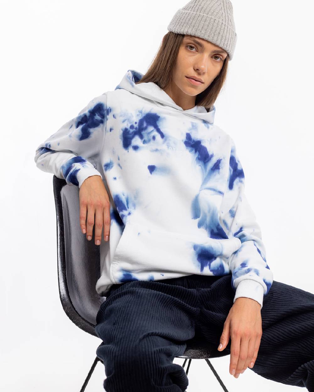 Rotholz Batik Hoodie Bio Baumwolle - Blau/Off-White Flash Sale